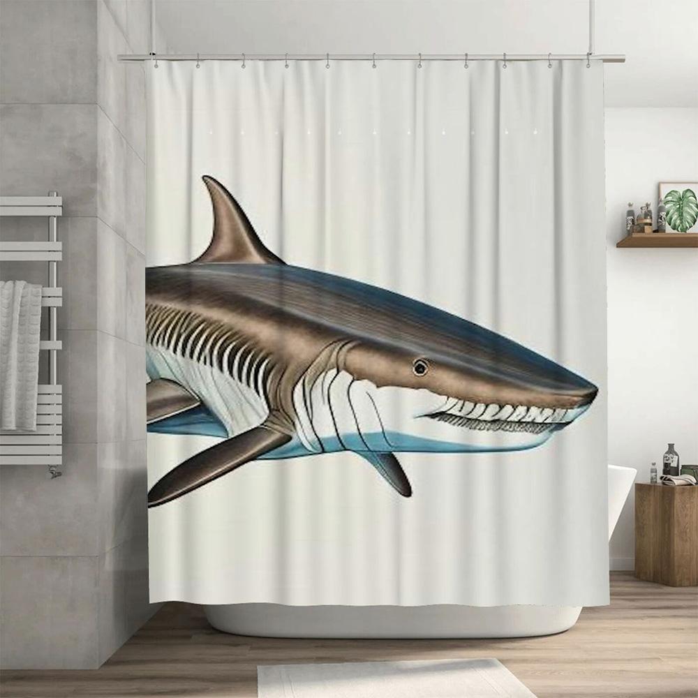Shark Print Shower Curtain Waterproof Bathroom Decoration Waterproof Fabric Black White Blue Shark Design Size Customizable