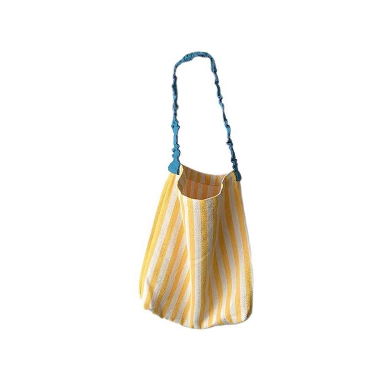 1 Summer Small Fresh Shoulder Canvas Bag New Contrasting Stripes Large Capacity Pleated Shoulder Strap Tote Bag