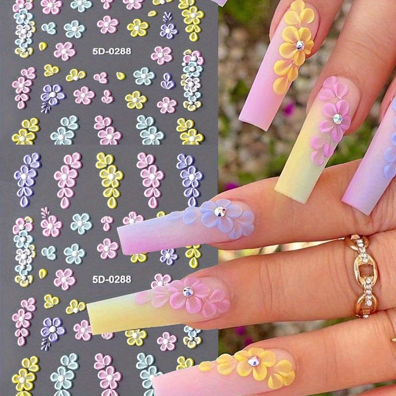 Embossed 5D Nail Stickers Pink Colorful Petals Butterfly Acrylic Spring Summer Flower Slider Nail Decoration Nail Art Supplies DIY