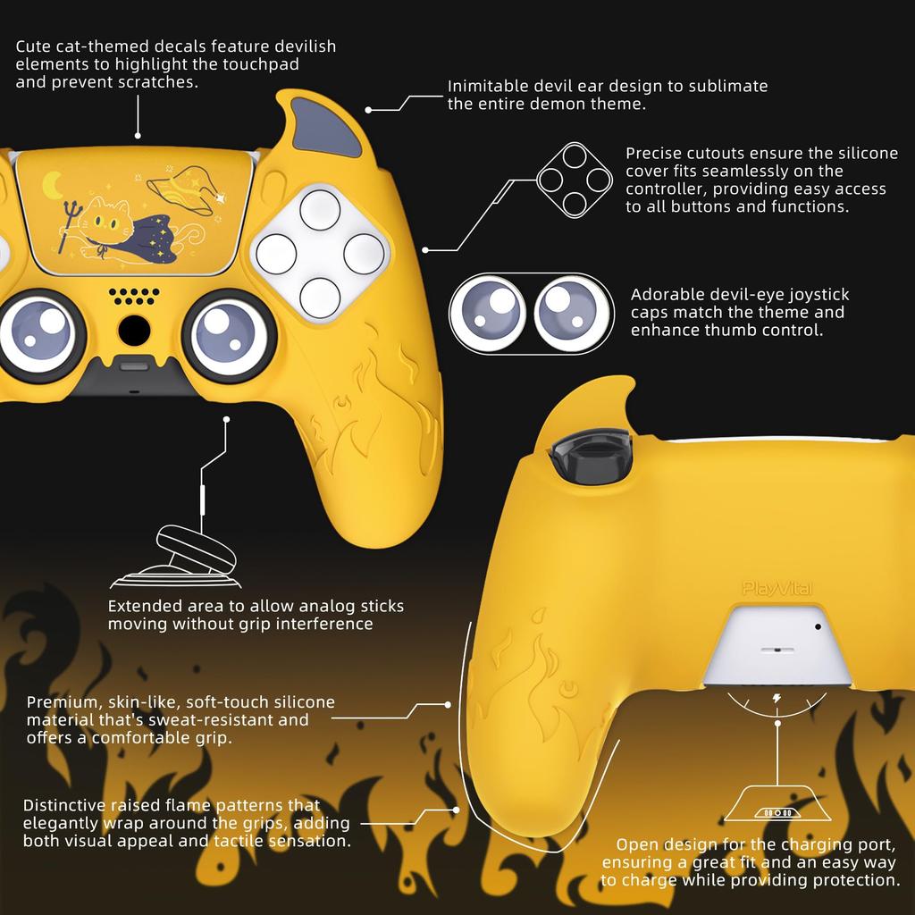PlayVital PS5 Controller Silicone Cute Controller Cover Skin Protector with Thumb Grip Caps Touchpad Stickers Cover, (Demon Style) & (Yellow)