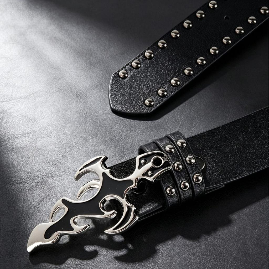 Punk Rivet Buckle Belt, Black Belt, Street Hip Hop with Decorative Belt