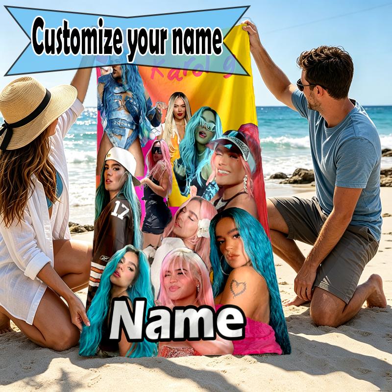 Custom Name Personalized Karol G Print Beach Towel, for Trip Camping Beach Party Home Decor, Birthday Gift for Family & Friends