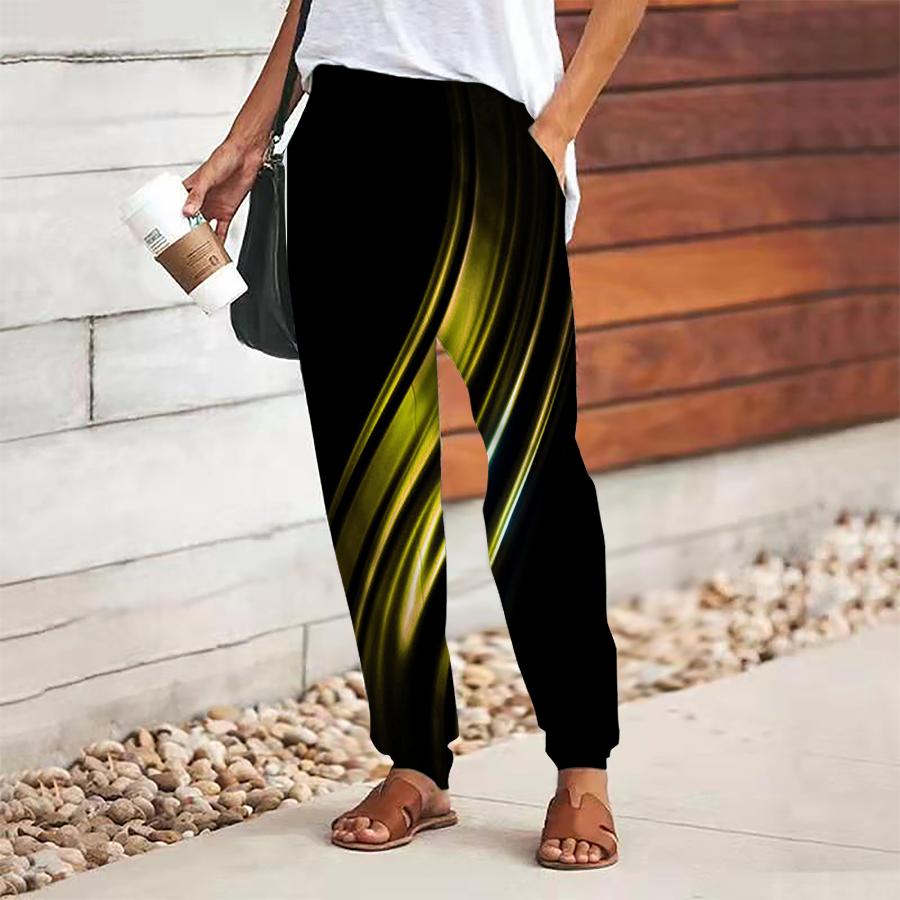 Women Silk Printing Pants Lace Up Elastic Waist Loose  Trousers Casual Long Pants Trousers with Pockets