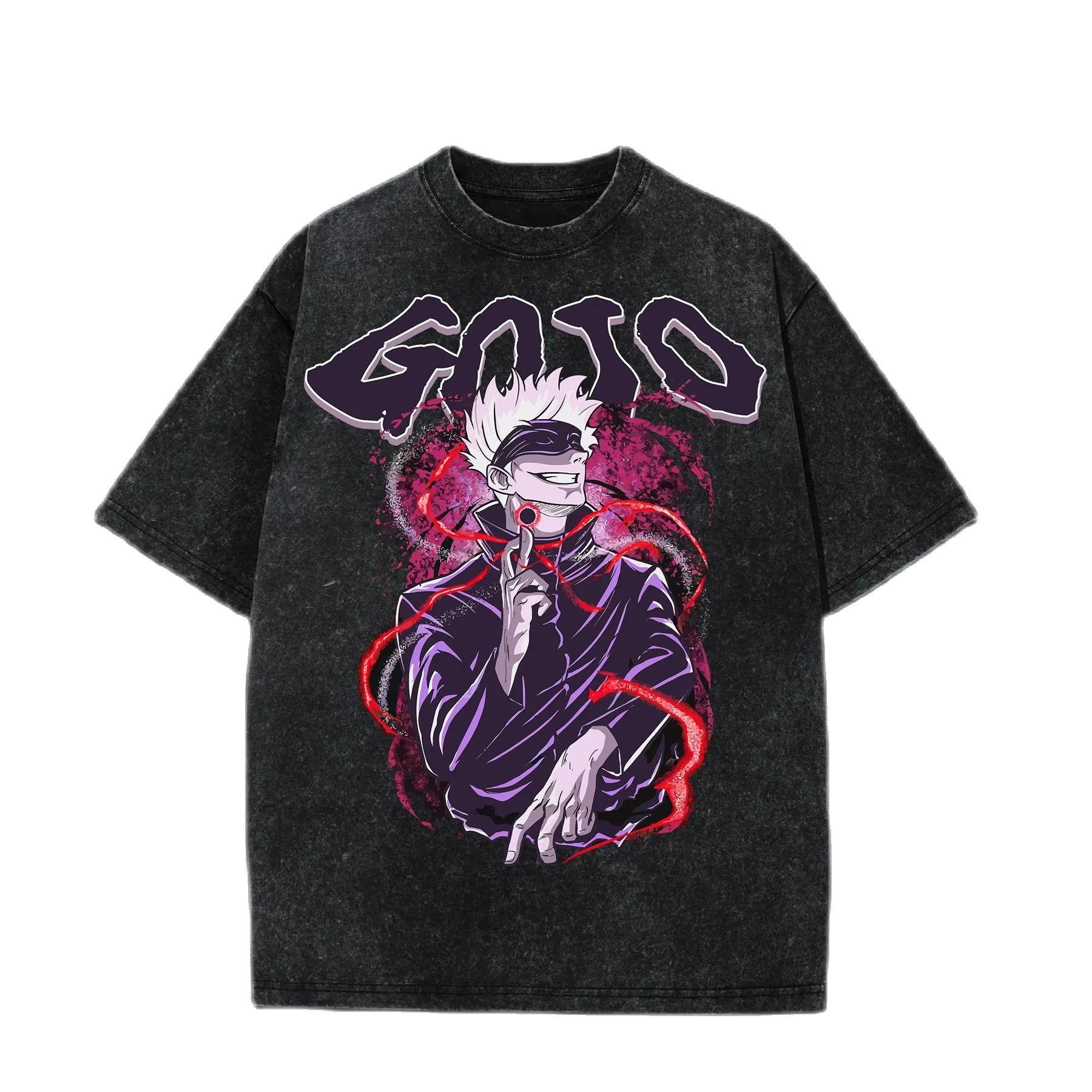 

Классическая аниме футболка с графикой, выстиранная, Jujutsu Kaisen Годжо Сатору, винтажная хлопковая футболка, мужская летняя уличная, мужские топы 2XL