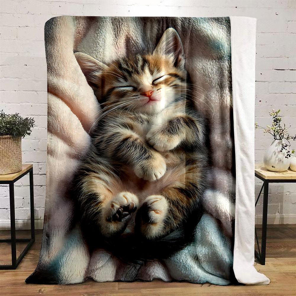 Cute Sleeping Kitten Print Flannel Blanket bedroom Blanket for Livingroom Couch lunch break Soft throw for Friend's festival Gift