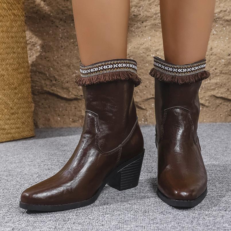 Cross-border Foreign Trade Large Size Boots Women's New Thick Heel Medium Heel Short Boots Pleated High Heel Round Head Western Cowboy Boots