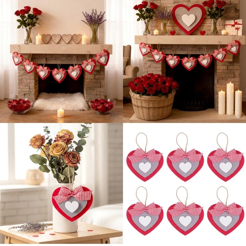 6Pcs Valentine's Day Heart Shape Ornament Felted Cloth Heart Pendants for Mantels Wall Window Door Tree Display