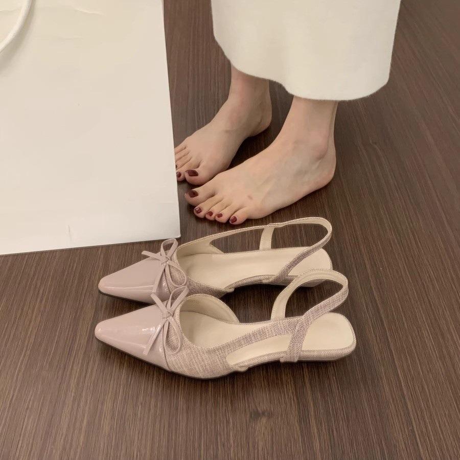 French Xiaoxiangfeng Gentle Evening Shoes Small Slope Heel Baotou Sandals Women's Summer Bow Pointed Back Empty Single Shoes Women's