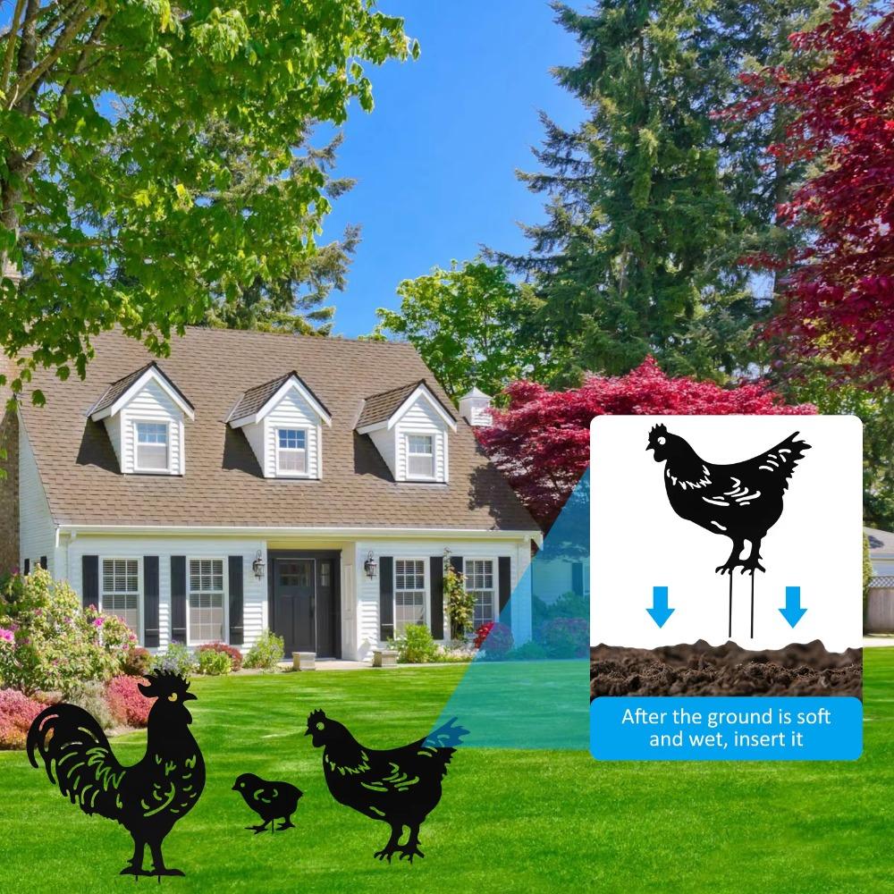 3Pcs Black Chicken Statue Handmade Metal Animal Ornaments Rooster Garden Sculpture  Micro Landscape