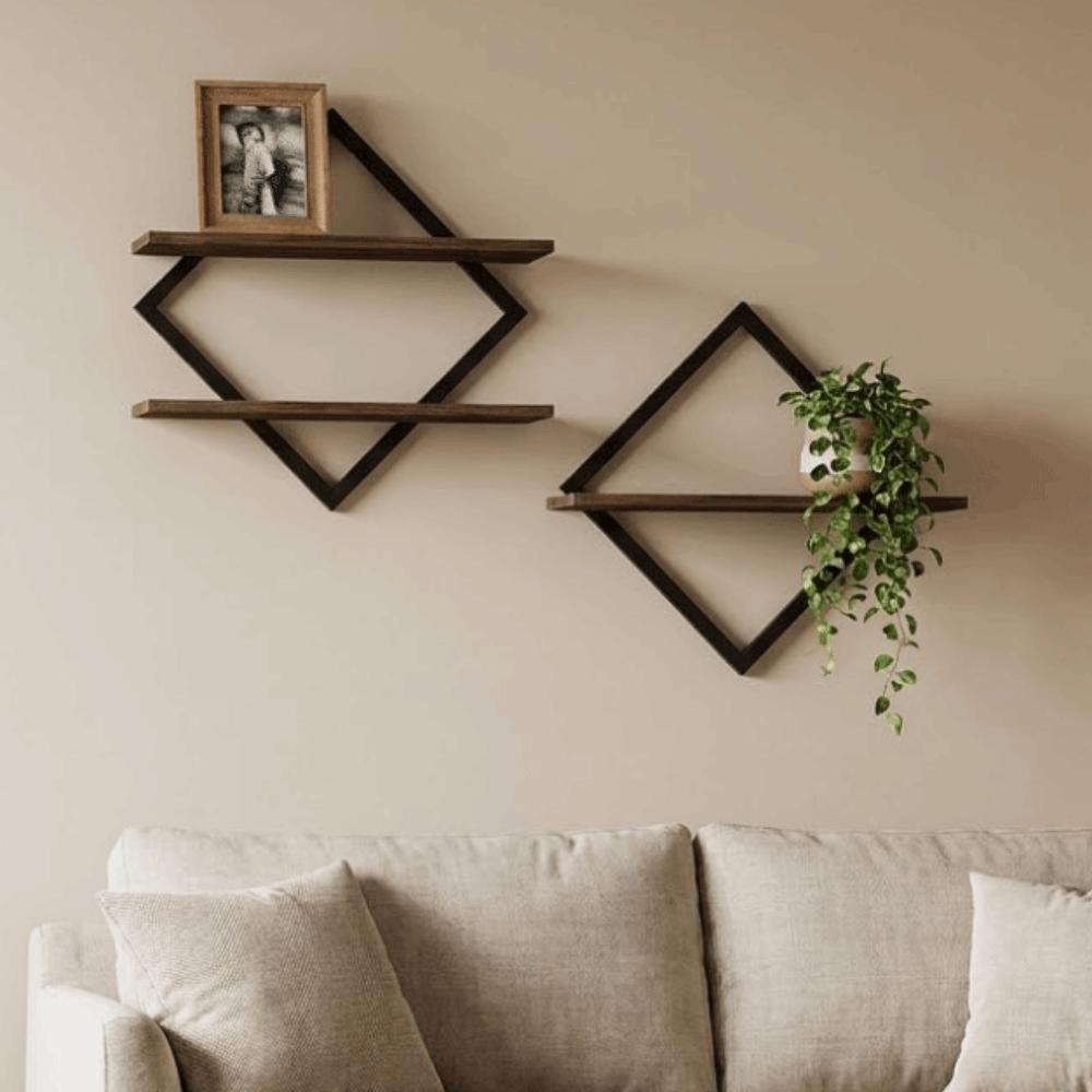 2PCS Organizer 2-Tier Wood Floating Shelves Space Saving Wall Mounted Storage Rack Decorative Display Shelves Office