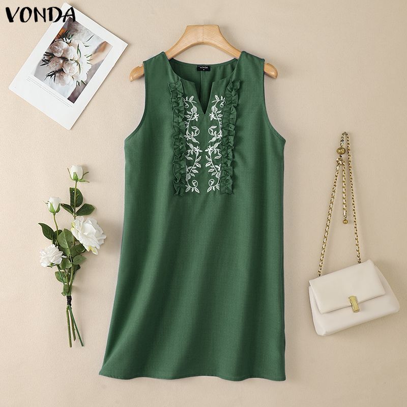 VONDA Summer Women O Neck Sleeveless Embroidery Casual Long Ruffled Tank Dress M зелёный