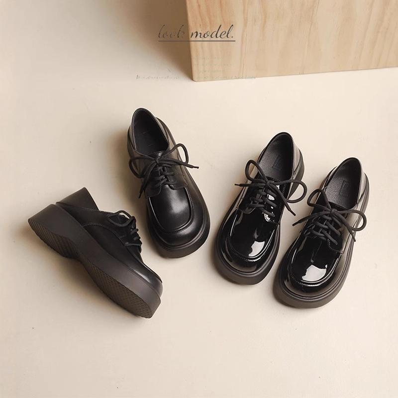 Small leather shoes women's spring and autumn new retro black versatile single shoes lace-up Le platform shoes