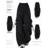 Plus Size Women Clothing Drawstring Design Sense Black Straight Overalls Women's Chubby Girl High Waist Loose American Casual Wide Leg Pants