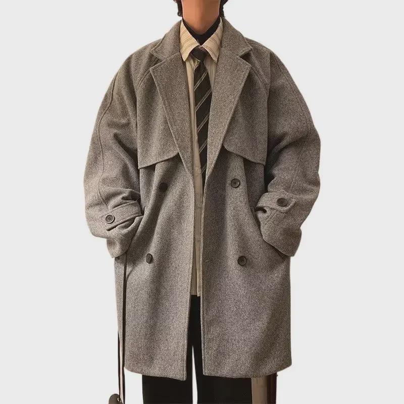 2024 Men's Double-Breasted Woolen Windbreaker: Mid-Length Loose Fit for Autumn/Winter