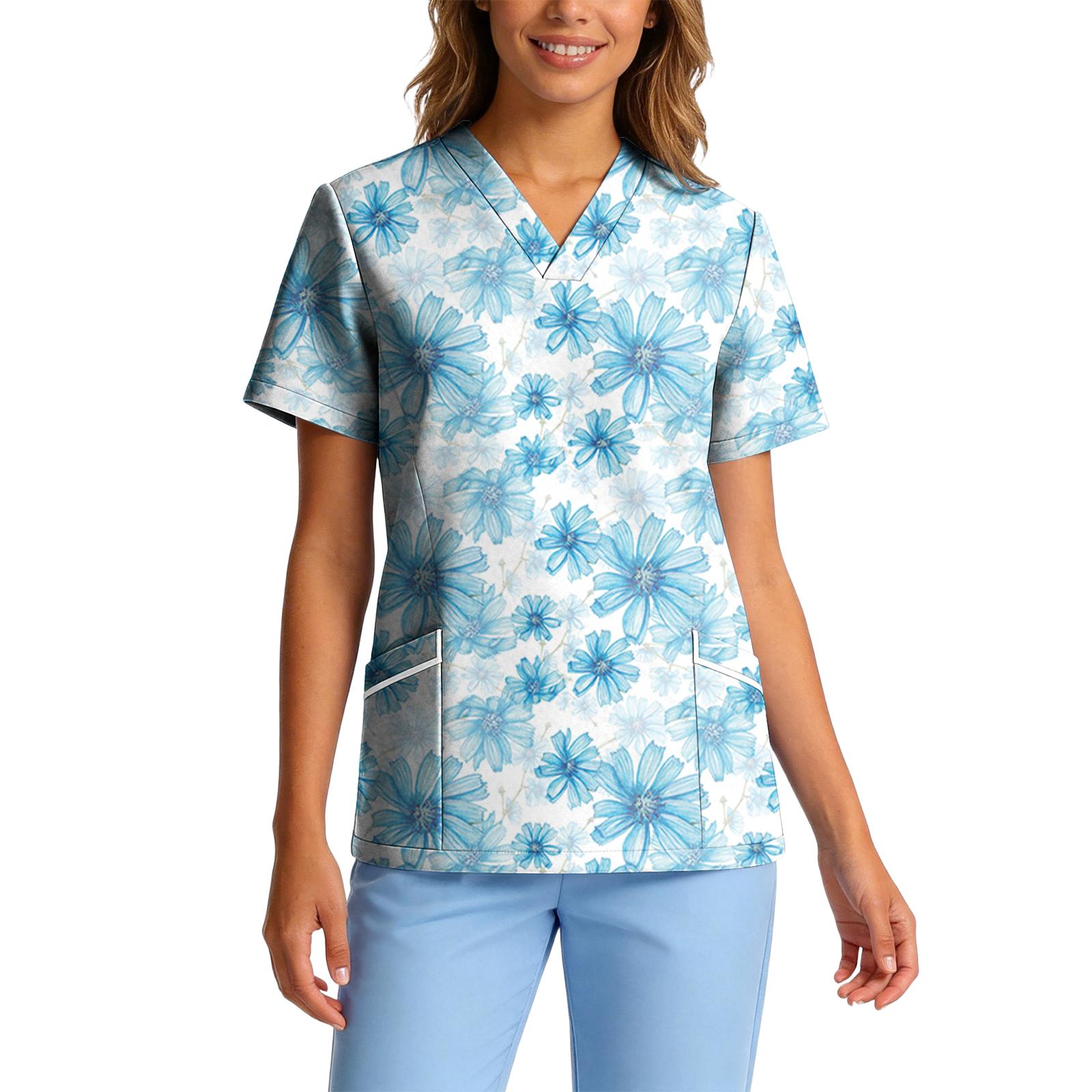 

Women s Stretch Quick-Dry V-Neck Short Sleeve Workwear Top with Botanical Floral Print & Pockets L циан