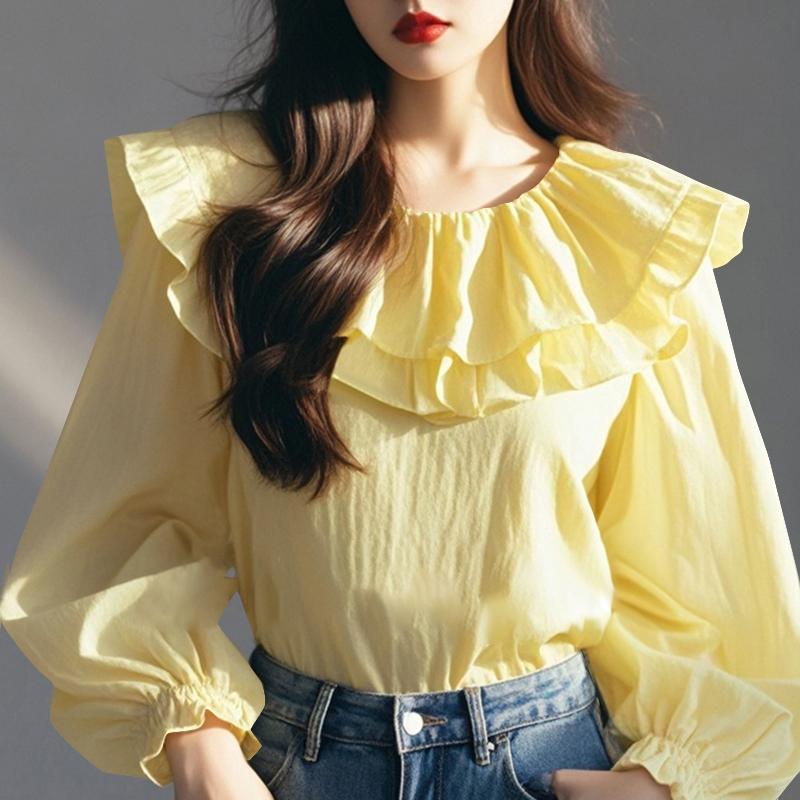 VONDA Women Casual Ruffled Round Neck Long Sleeve Solid Color Blouses