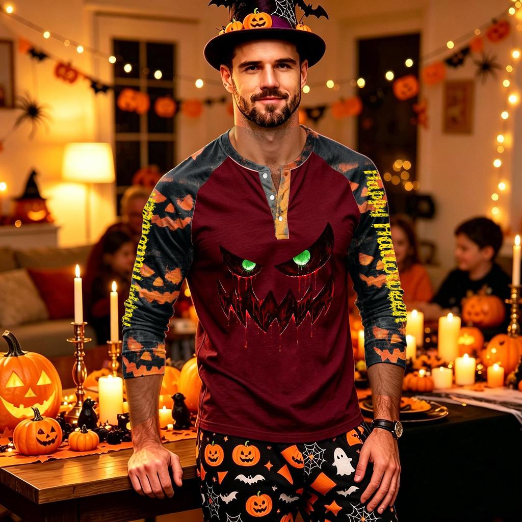 Men's Long Sleeve Shirt with Halloween Print Pattern for Casual Wear