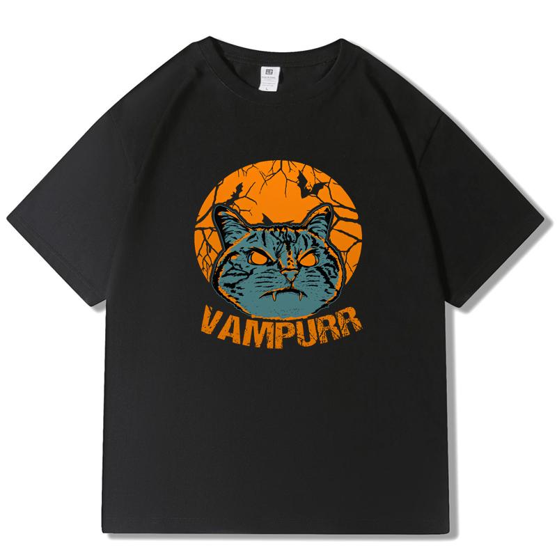 Funny Vampurr Cat Halloween Cat Vampire Print Tshirt Graphic Tshirt High Quality Mens and Womens Short Sleeve Tshirts Tops S