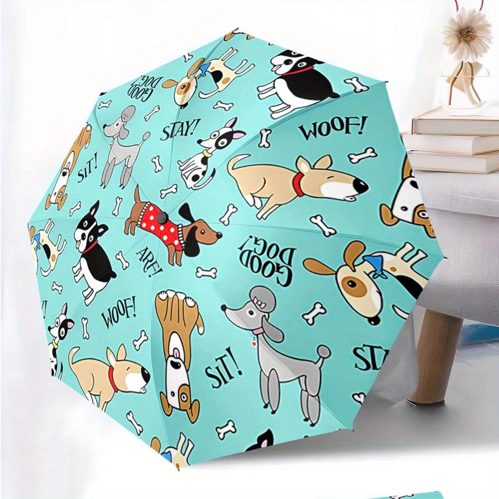 Folding Umbrella The umbrella features cartoon illustrations of dogs, including a Poodle, a Beagle, and a Dachshund, accompani