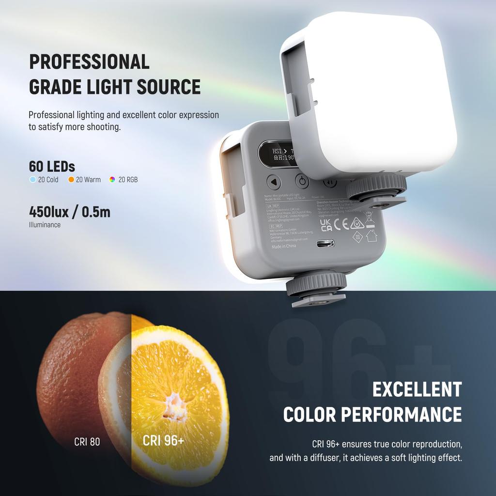 NEEWER BASICS BL60C RGB Video Light Magnetically Mountable 360° Full Color Photography Light 2500-9000K CRI96+ 18 Scene Effects Portable Rechargeable