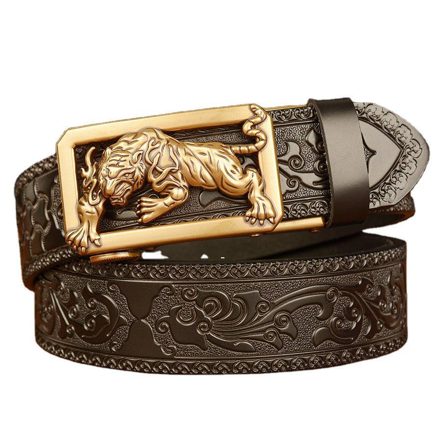 Tiger Engraved Automatic Buckle Cowhide Men's Zodiac Belt - Casual Retro Style