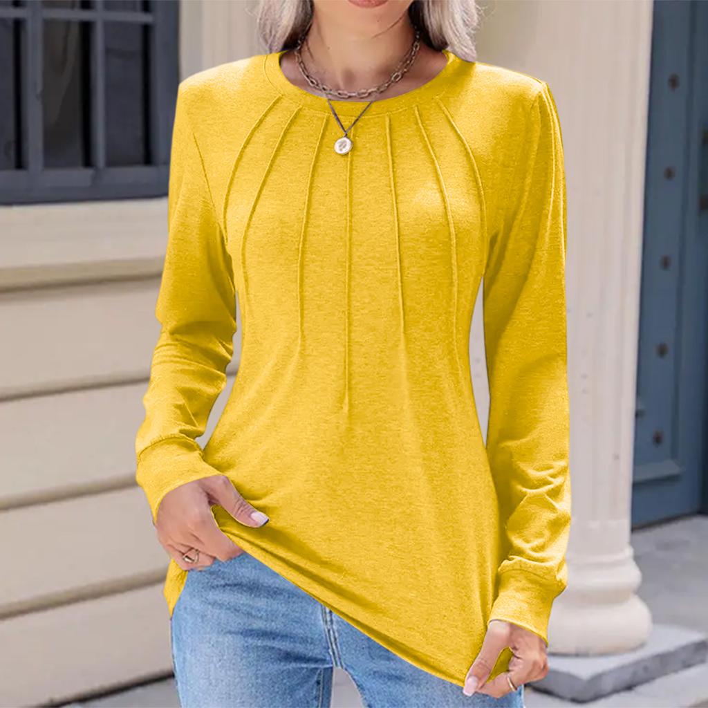 Women's Fashion Casual Solid Color Pleated Comfortable Round Neck Loose Long Sleeve T-shirt Top
