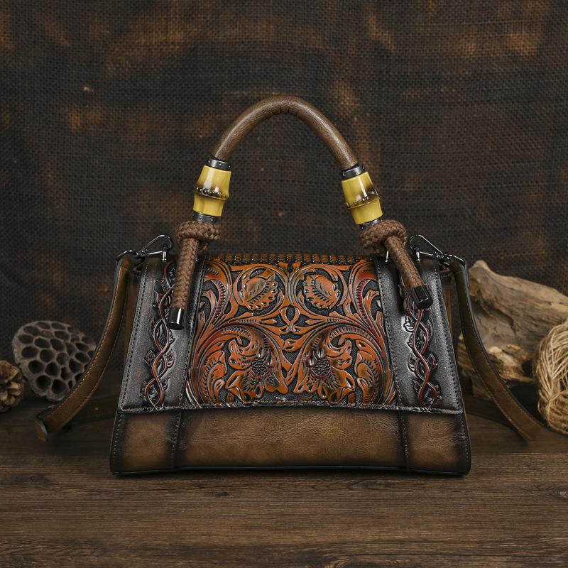 Johnature Chinese Style Embossed Leather Bag Vintage Large Capacity Women's Handbag Versatile Shoulder Bags