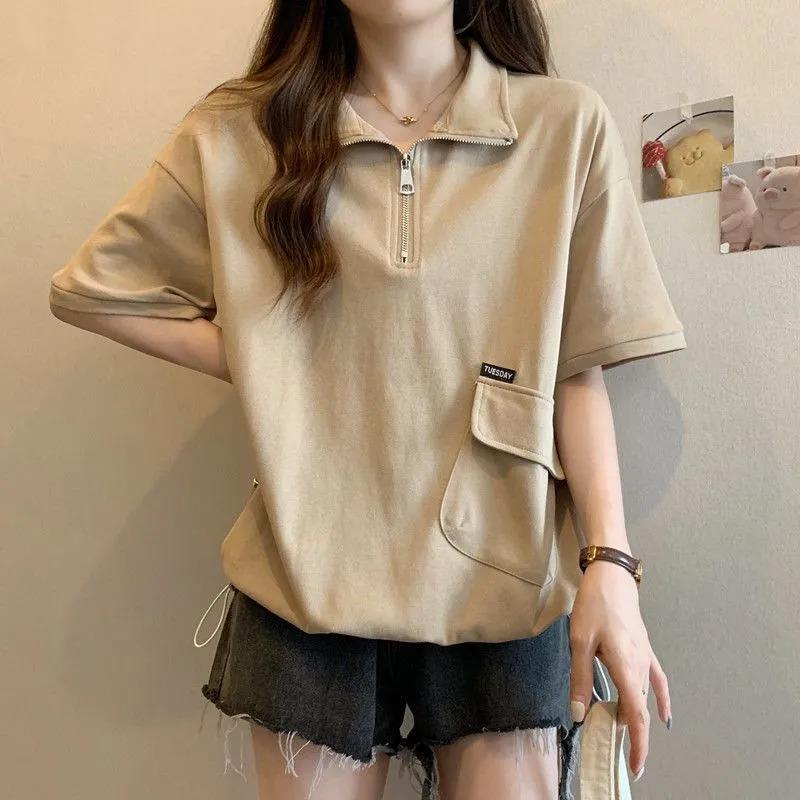 

Women Half Zip Collar Short Sleeve T-Shirt with Pocket Casual Loose Top S хаки