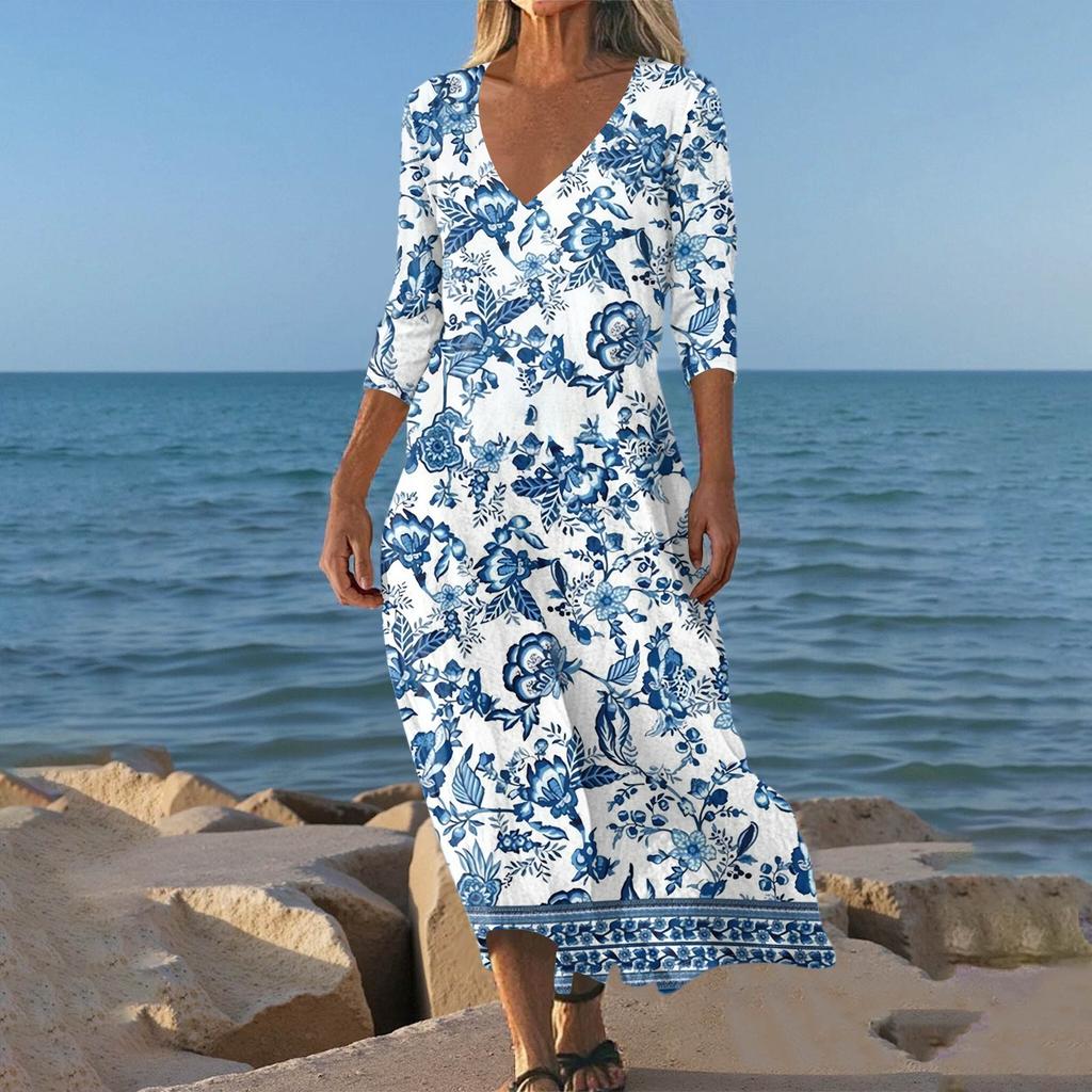 Dresses For Womens Vintage Print Tunic Waisted Midi Dress Summer Casual 3/4 Sleeve Dress