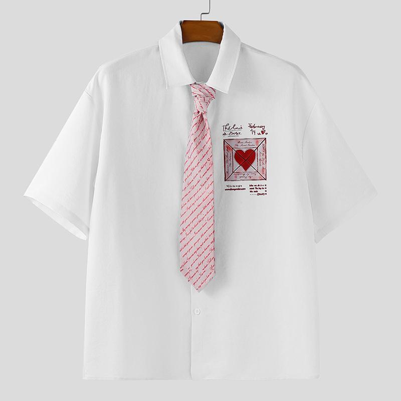 

INCERUN Oversized Men Casual Lapel Tie Neck Short Sleeve Print Shirts Tops белый