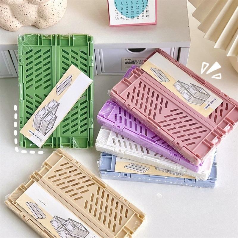 1Pc Mini Folding Plastic Storage Box Student Desktop Finishing Handbook Tape Stationery Folding Basket Storage Basket