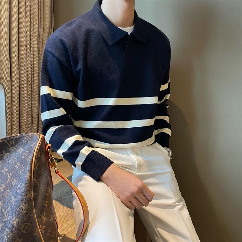 Striped Polo Collar Knitted Sweater For Men's Autumn And Winter Loose Casual Sweater Business Commuting Top