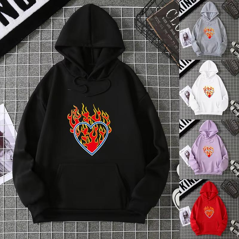 2025 Love Fire Graphic Print Hoodie Pure Cotton High Quality Loose Shoulder Hooded Sweater Trend New Fashion Sweatshirt CYXX291