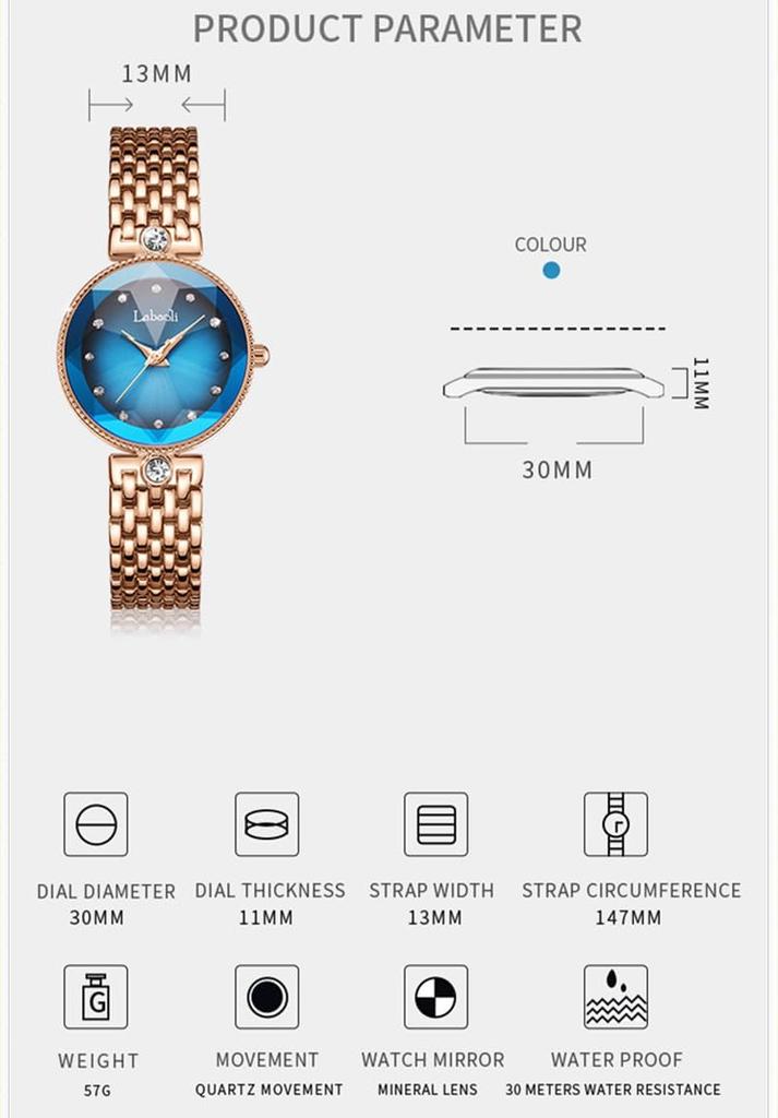 Stainless Steel Wristwatch for Perfect for Business or a Gift for Available In Rose Gold and Stylish, Cute, Waterproof, Women, Her. Blue.