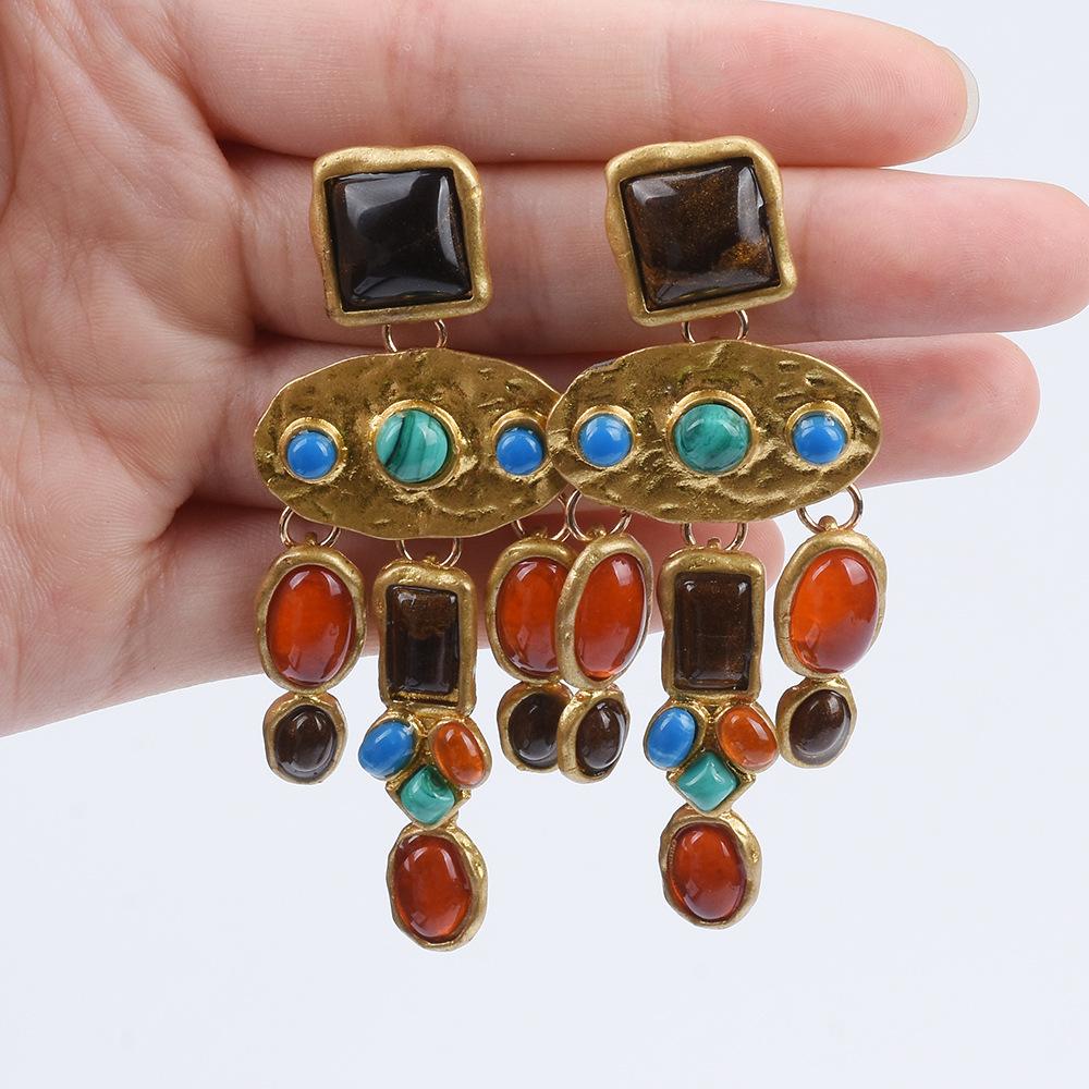 Baroque Luxury Vintage Mixed Gemstone Earrings, Geometric Pendant Dangle Earrings For Women