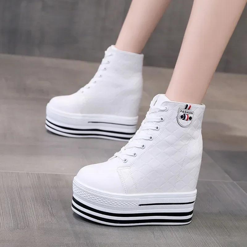 

Кеды HighTop Осенние Холщовые Вулканизированные на Платформе Женская Обувь Черные Кроссовки Массивный Каблук Белые Женская Мода Повседневная Обувь 11см 39