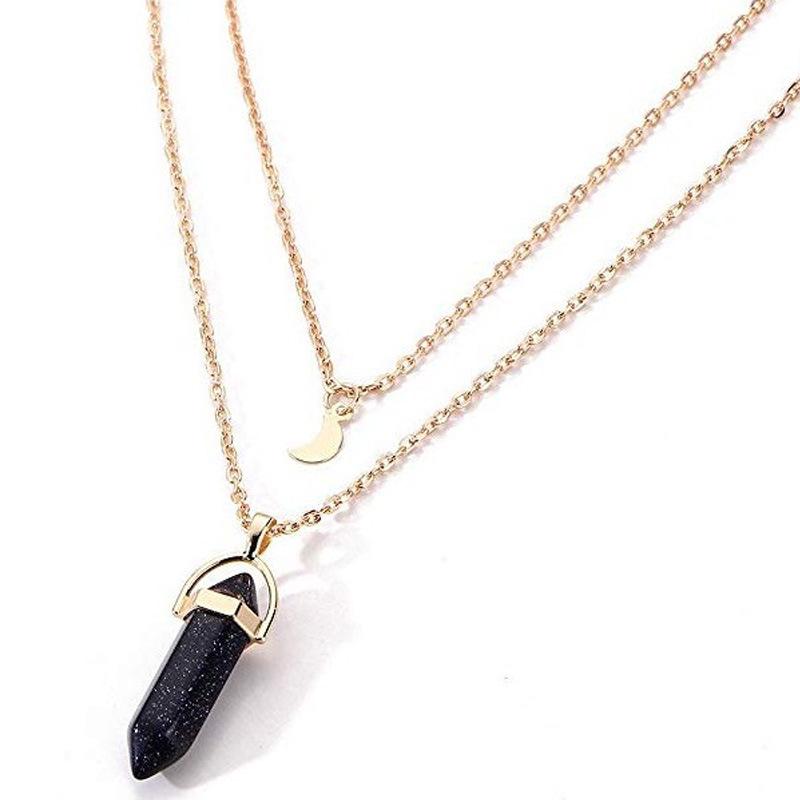 Natural Stone Hexagonal Moon Pendant Double-Layer Necklace - Stylish and Unique