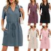 Women's Short Sleeve Midi Dress Polo Collar Drawstring Waist Elegant Casual Dress With Pockets For Spring Summer