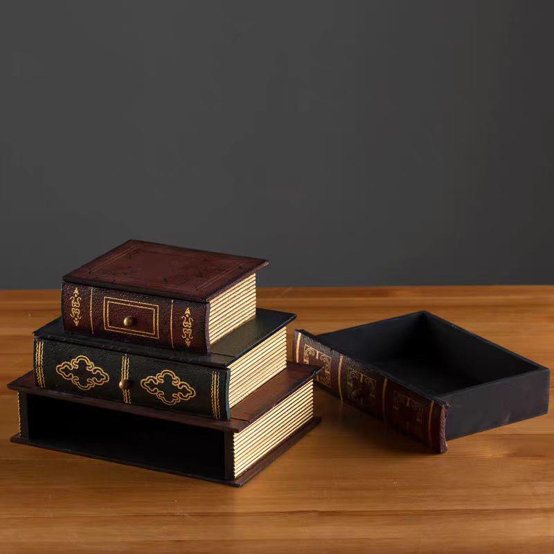 Vintage Wooden Book Shaped Storage Box Decorative Items Home Bedroom Jewelry Box Ornaments Office Study Desk Storage Accessories