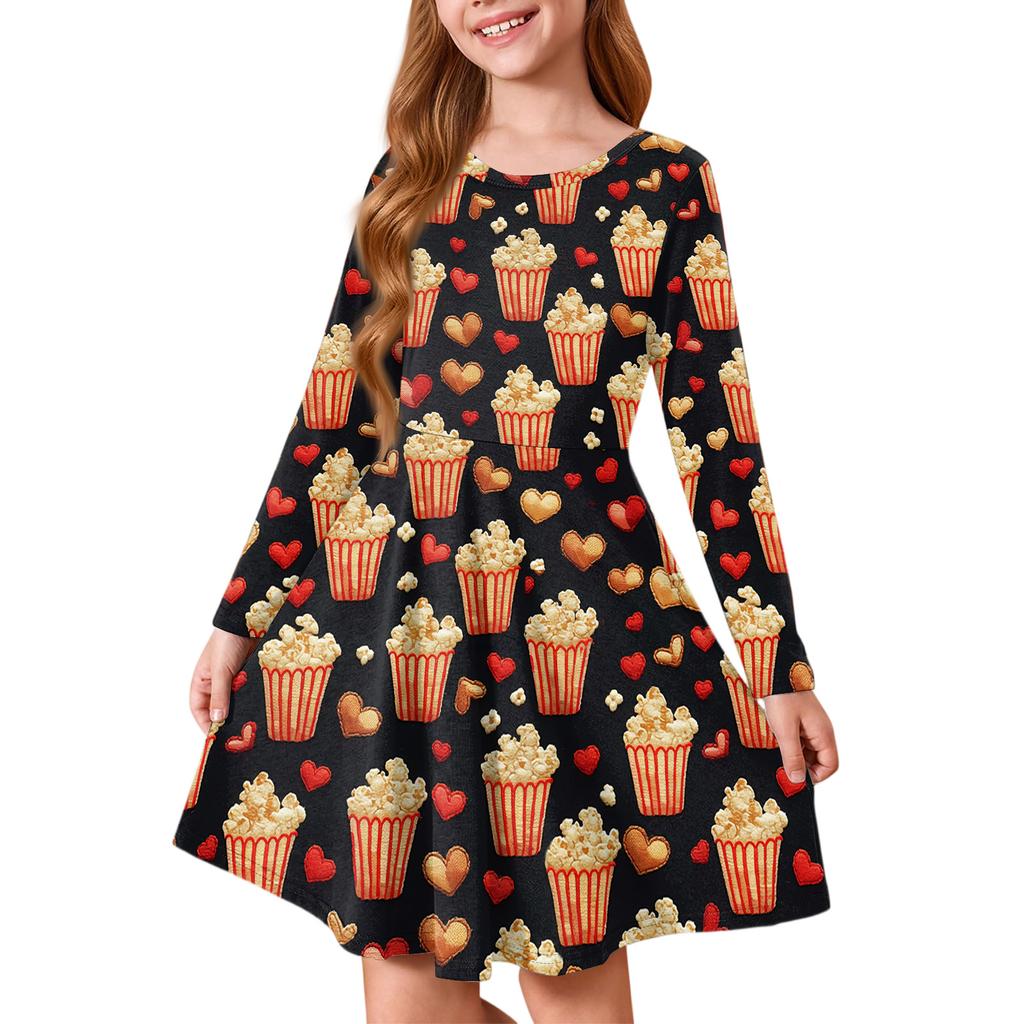 Letnia sukienka księżniczki dla dziewczynek - Sukienka T-shirtowa A-line z długim rękawem Walentynki