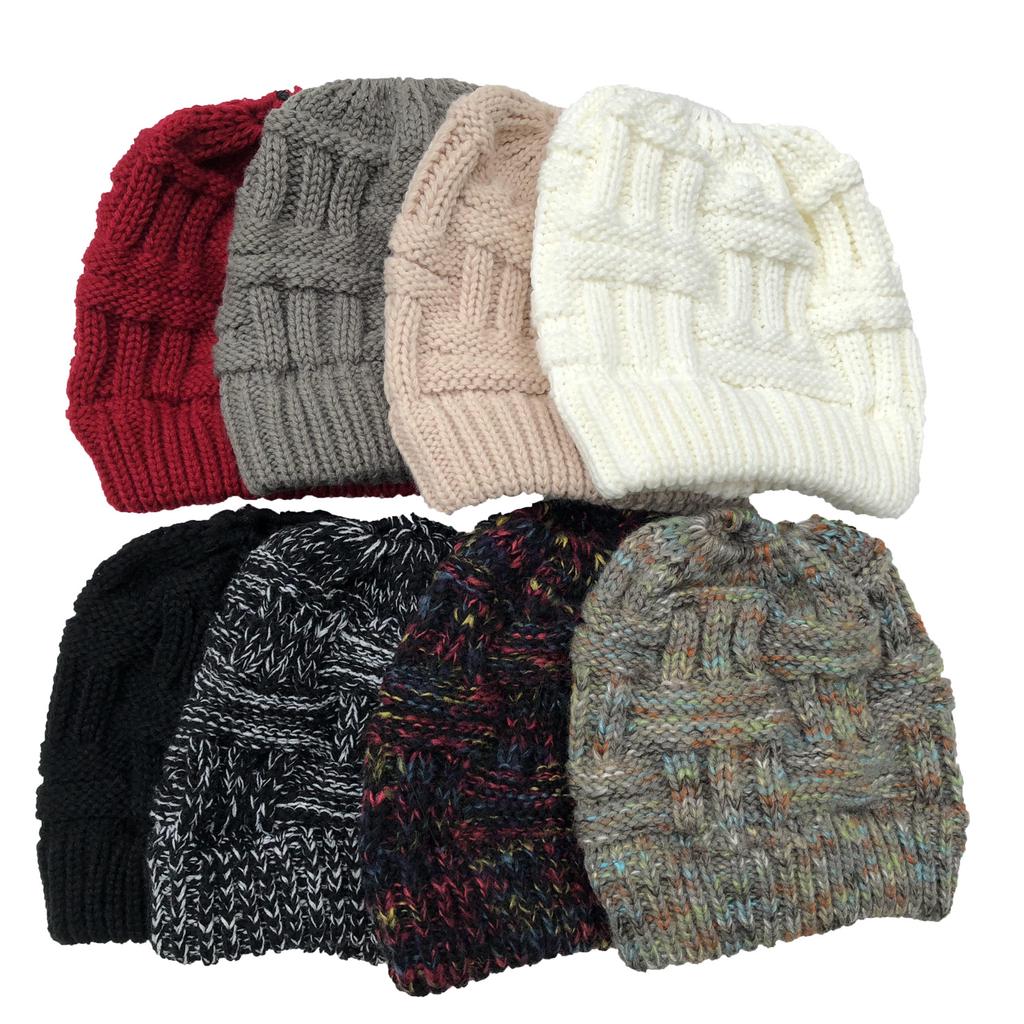 Women Autumn Winter Warm Kitting Hat for Ponytail Girls