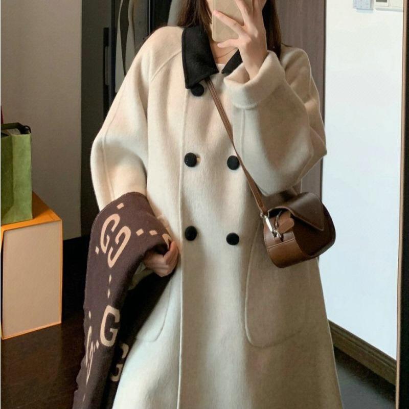 

Женское шерстяное пальто средней длины в стиле ретро-колледжа контрастного цвета, небольшое свободное тонкое универсальное шерстяное пальто в корейском стиле для женщин 2XL