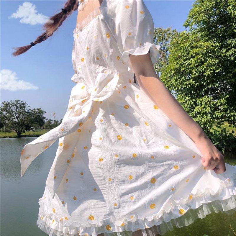 Daisy Sweet Big Bow Midi Dress Ruffles Summer Japan Style Lolita Women's Clothing Stylish Square Collar Waist Elastic Dresses