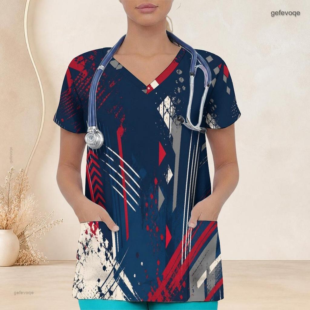 Women Plus Size Printed Nurse Scrub Top V Neck Short Sleeve With Front Pockets