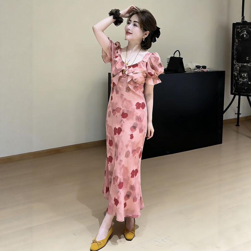 Plus-Size Women s French-Style Ruffled Rose Print Waist-Cinching Dress, 2026 Summer Elegant Sweet Long Dress Image color M