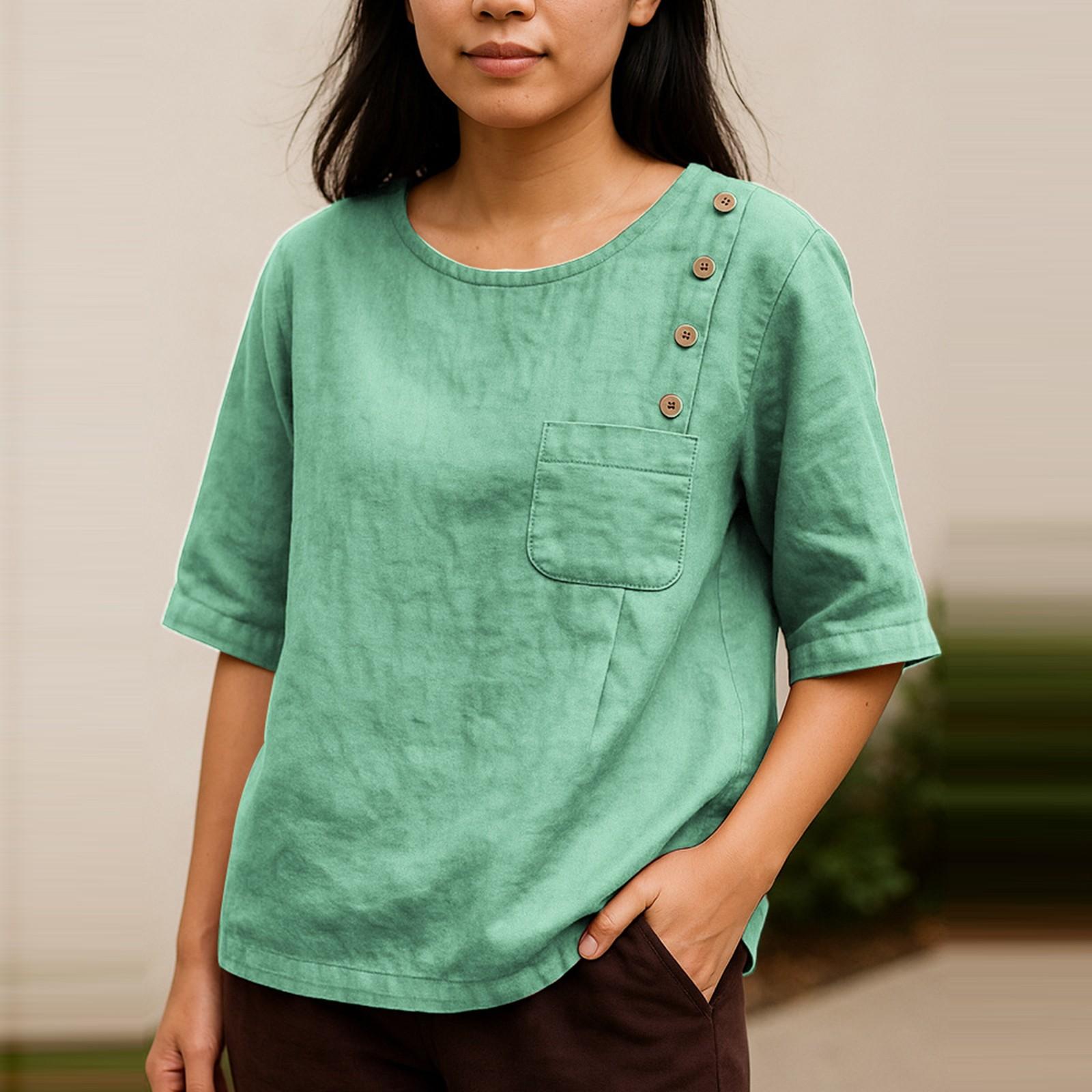 

Женская модная повседневная однотонная футболка с коротким рукавом из хлопка и льна XL зелёный