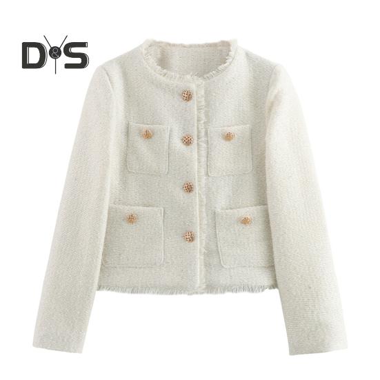 

Женский укороченный твидовый пиджак, пиджак с длинным рукавом, застегивающийся на пуговицы, короткое пальто с карманами, повседневный деловой костюм на весну и осень XS белый