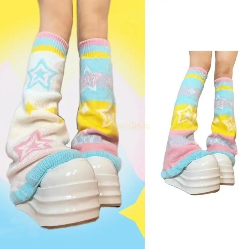 1 paio Scaldamuscoli Colore Caramella Jacquard con Motivo a Stella Calzettoni Lunghi Dolci Calzini Lavorati a Maglia Donna Ragazze