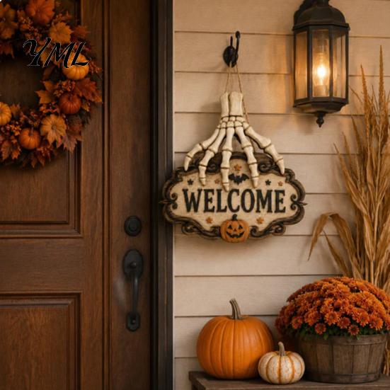 Placa de Loja Estilo Terror Mão de Esqueleto Porta Placa de Boas-Vindas, Decoração Padrão Abóbora Morcego de Halloween, Decoração de Madeira Antiga Desgastada Pendurada na Parede