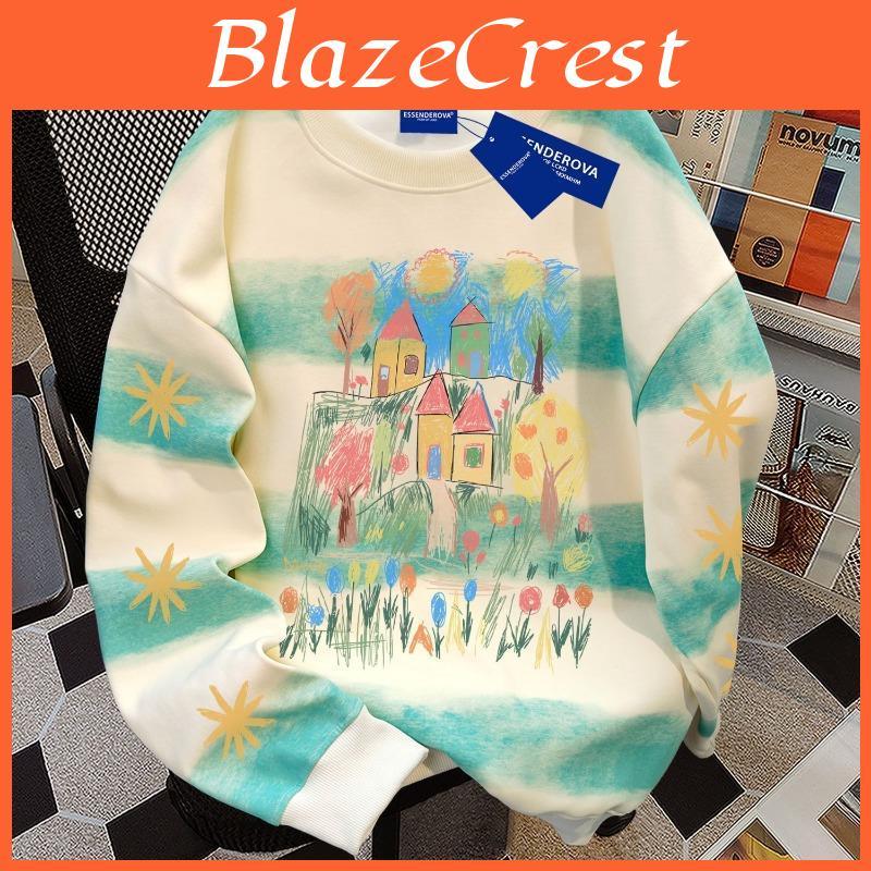Horizontal Cotton Pure Striped Tiedye Round Neck Sweatshirt For Women Autumn Winter Loose Simple Top